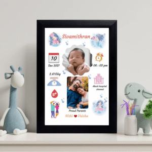 Personalized Baby Birth Announcement Photo Frame, Marble Design with Birth Details and Parents Photo, A4 Size Black